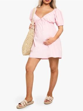 Maternity Boohoo Pink Short Puff Sleeve Tie Front Maternity Dress